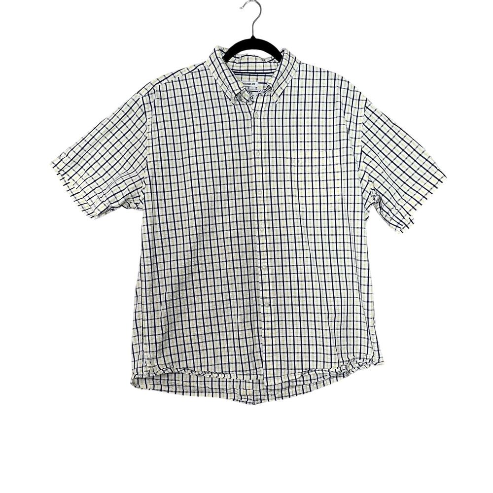 Jos A Bank 1905 Mens Tailored Fit Shirt XL Check Cotton Short Sleeve Blue Yellow
